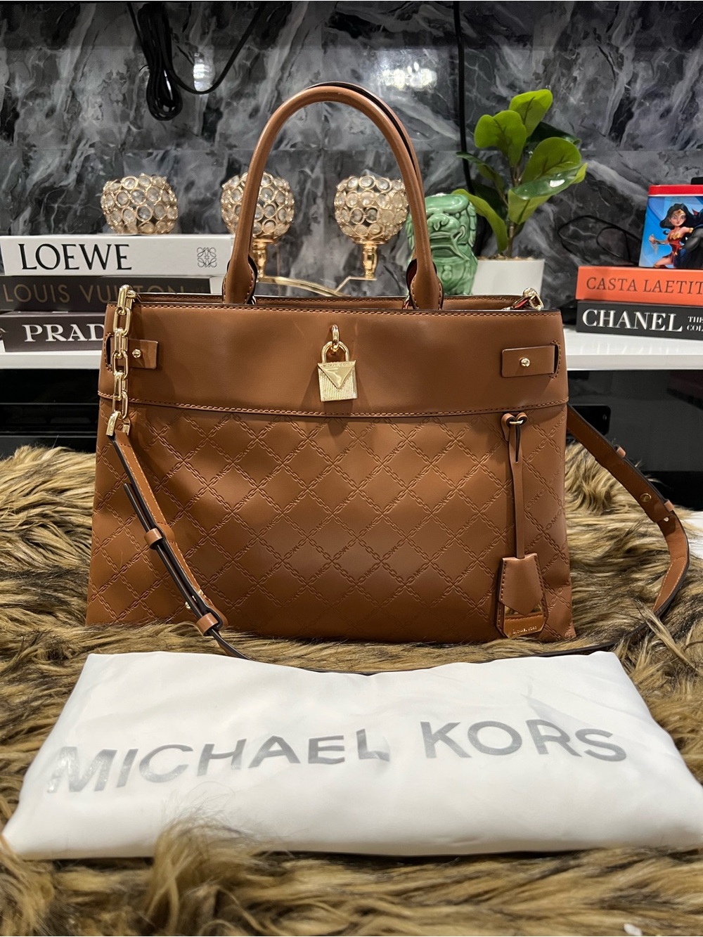 Michael Kors Quilted Tote in Cognac Brown with Gold Hardware